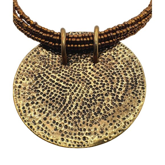 Boho Chic Inspo Mosaic Pattern Pendant Necklace Bronze Seed Beads Textured - Picture 5 of 7